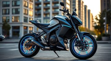 Motocicleta elétrica moderna em ambiente urbano ensolarado.