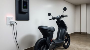 Scooter elétrica carregando em tomada comum